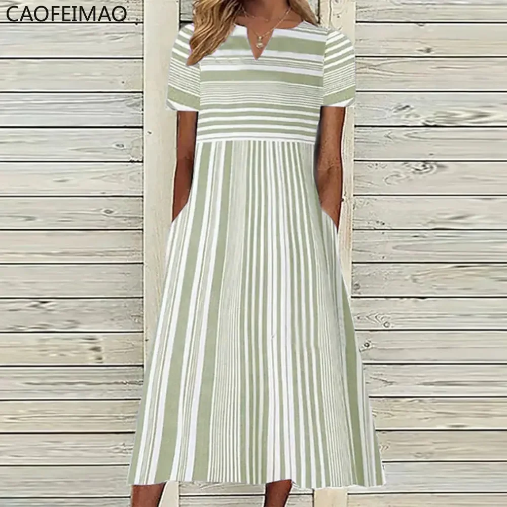 2023 Vintage Boho Stripe Stampa Vestito estivo da donna Moda estiva Scollo a V Abito a maniche corte Elegante abito longuette da donna Femme Vestidos