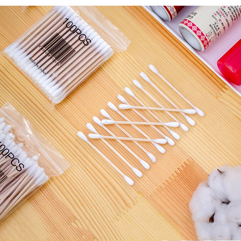 300PCS Nose Ear Clean Stick Eyelash Extend Glue Remove Double Head Lint Free Wood Cotton Buds Swabs Disposable Cotton Swab Tool