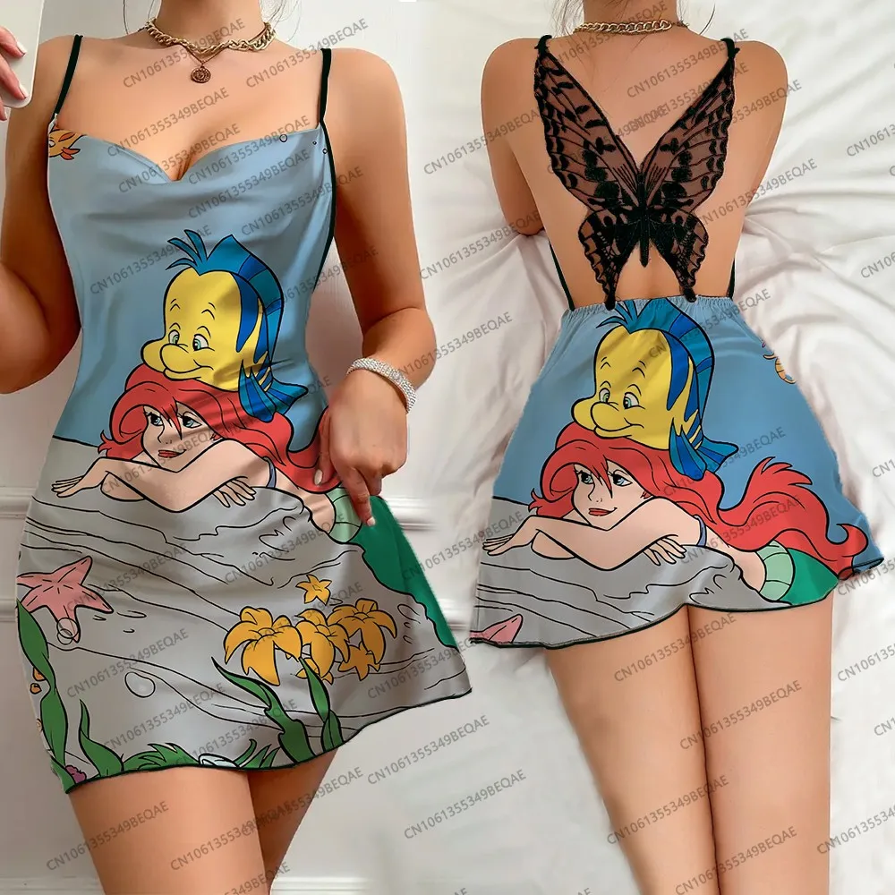2025 Summer Disney Princess Print Women's Elegant Dress Butterfly Lace Party Sleep Dress Sexy Backless Suspender Short Skirt