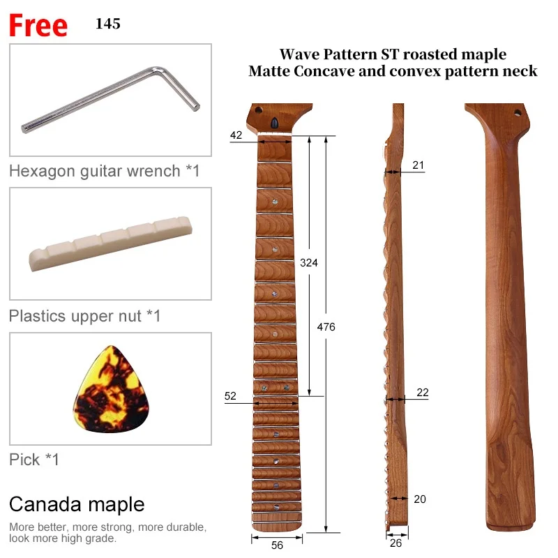 Wave Pattern ST roasted maple Matte Concave and convex pattern neck6 strings 22 frets all maple electric guitar neck