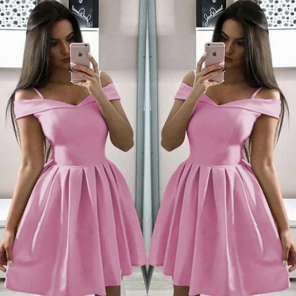 Customized Simple Women's Off The Shoulder Satin Homecoming Dresses Short A Line Cocktail Prom Party Gowns With Pockets