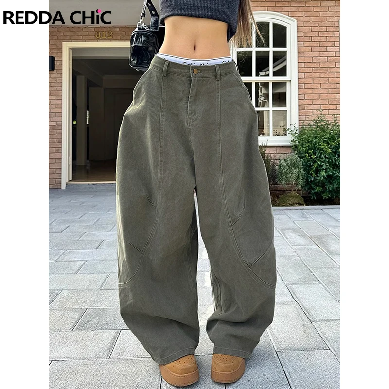 

ReddaChic Trendy 90s Women's Barrel Jeans Unisex Low Waist Wide Leg Baggy Stitch Decor Denim Pants Boyfriend Trousers Streetwear