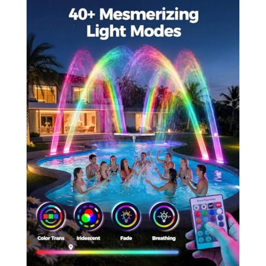 Solar pool fountain for inground above ground pools white ABS plastic, 10-color dynamic LED lights, dual-powered rechargeable,