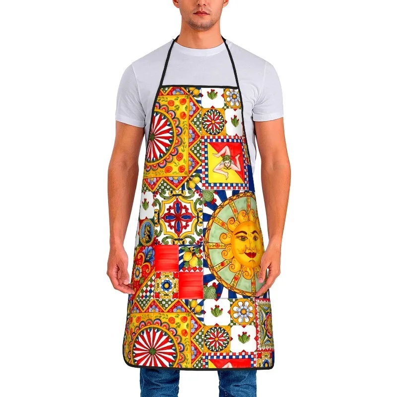1pc 2D Flat Unisex Bib Apron, Classic Sicilian Art Print, Durable Chef Apron for Home and Restaurant Scenarios