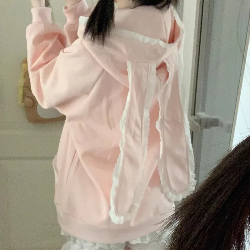 2026 Bunny Print Jacket Y2k Lace Rabbit Ear Outerwears Clothes Woman Japan Cartoon Chaquetas De Mujer Casual Kawaii Jackets