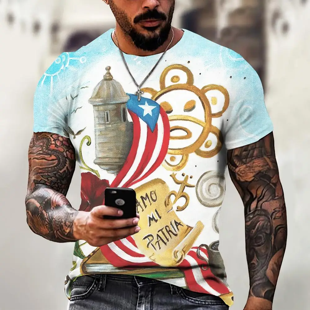 2024 Puerto Rico Flag Pattern Print Venezuela T-Shirt Summer Fashion Short Sleeve Top Oversized Men T-Shirt Fashion Men Clothing