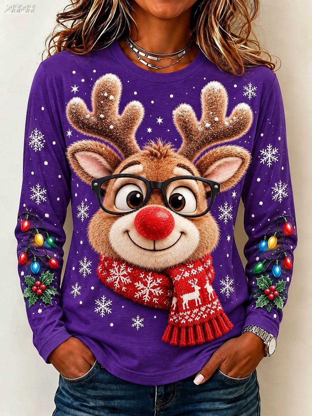 Women Long Sleeve + Christmas Family Party + Cute Polar Bear Santa Gift Print POD + Crew Neck T-Shirt
