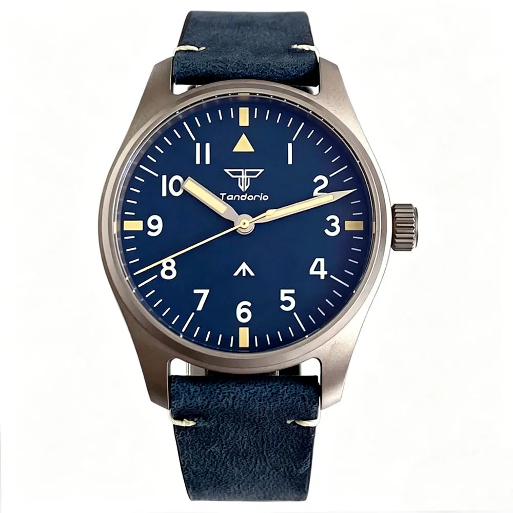 New 39mm Titanium Pilot Watch Retro VH31 Sweep Quartz Movement Sapphire Glass 100m Waterproof Luminous Marks Leather Band
