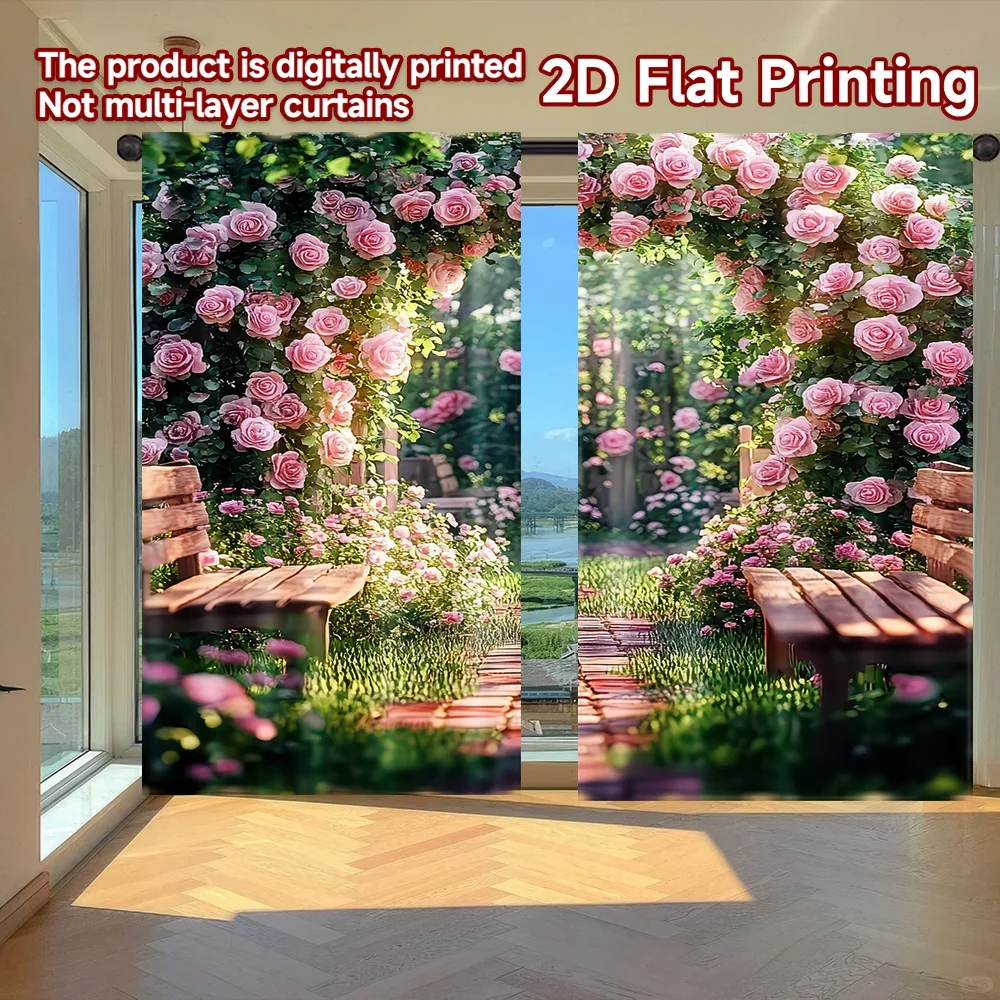 2D flat printing 2pcs Window Curtains Garden Rose Archway Digital Printed Polyester Drapes Family Party for Indoor Celebrations