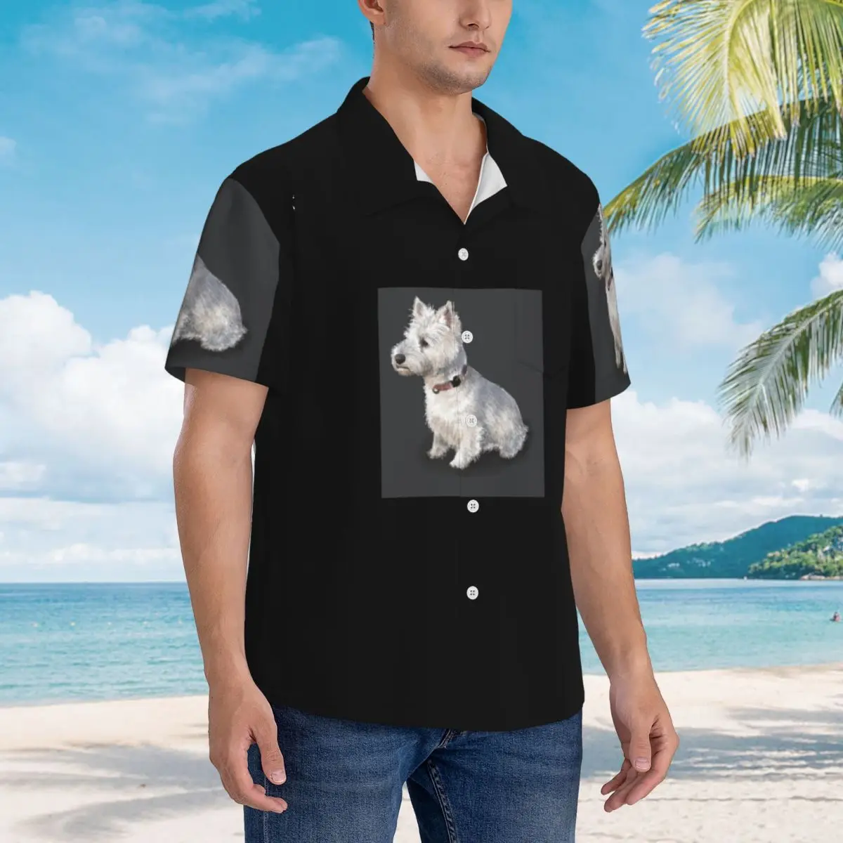 

Гавайские рубашки «Вест-хайленд-терьер», забавная мужская рубашка с коротким рукавом для лета, пляжные мужские топы с лацканами