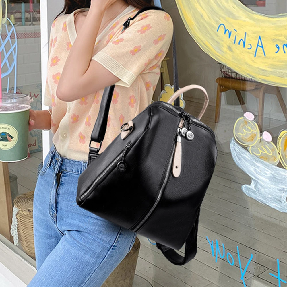 Panelled High Quality Leather Ladies Backpack Multifunctional Double Zipper Ladies Travel Backpack Fashion Ladies Shoulder Bag