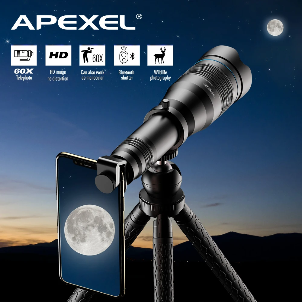 APEXEL Professional HD Telephoto Zoom Phone Lens 20-60X Powerful Monocular Telescope Mobile Telephoto Lens for Camping Tourism