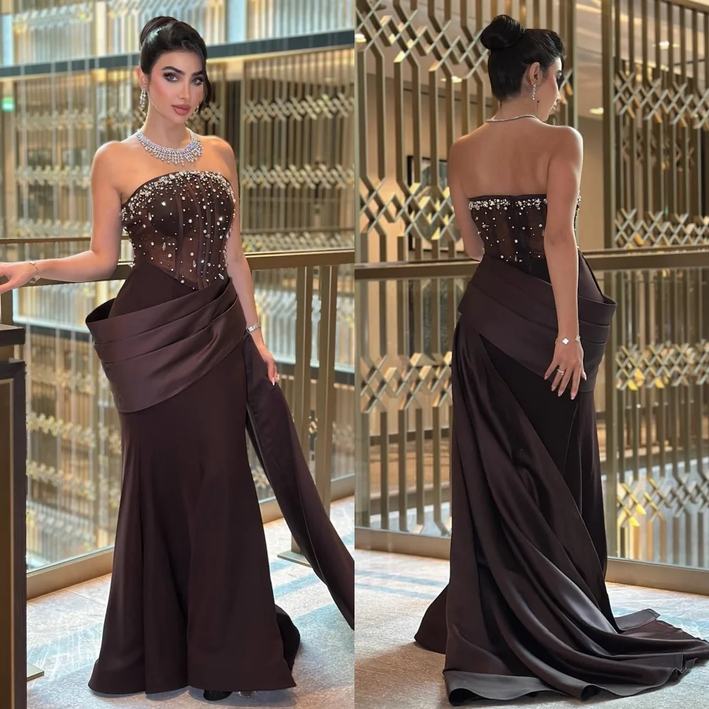 カスタムメイドのキラキラ輝くマッチングジャージーラインストーン付きスパンコールドレープマーメイドストラップレスロングドレス、オーダーメイドの特別な機会用ドレス、フォーマルドレス