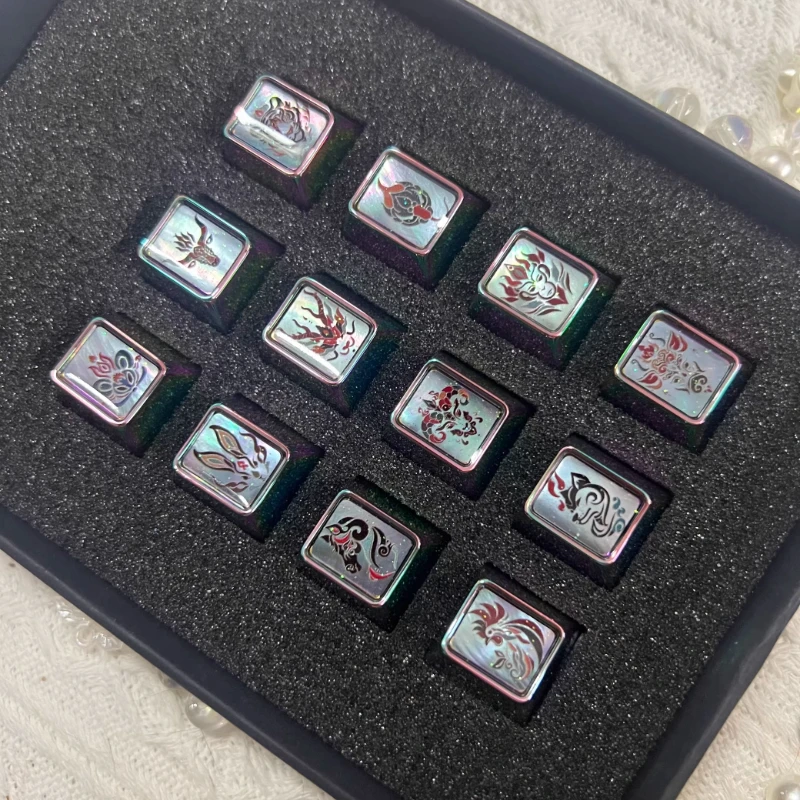 Chinese Zodiac-themed Keycaps Iridescent Zinc Alloy Custom Cherry 1U Keycaps for Mechanical Keyboard Perfect Gift for Friends