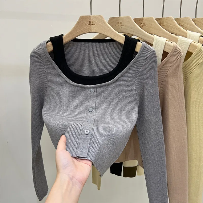 Women's Autumn Winter Fashion Solid Color Square Neck Patchwork Versatile Long Sleeved Slim Fit Fake Two-piece Knitted Shirt Top