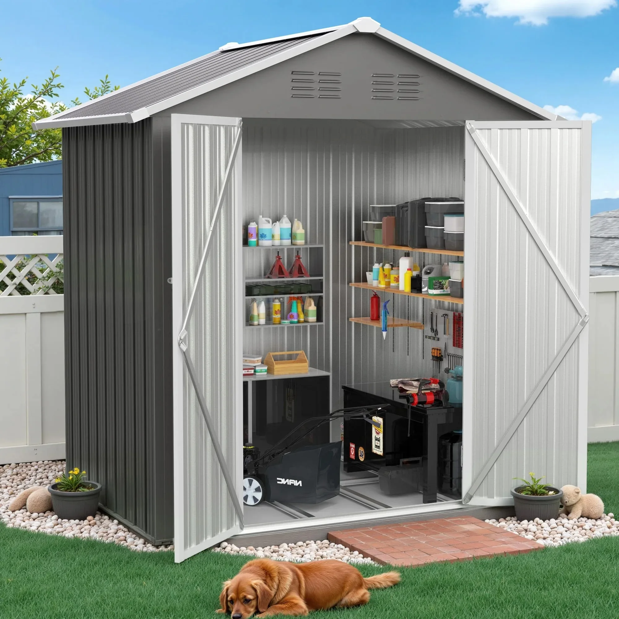 

Outdoor Storage Shed, All Weather Metal Shed, Aluminum Frame, Waterproof, Durable, Garden, Backyard, Lawn Tool Shed, Dark Gray