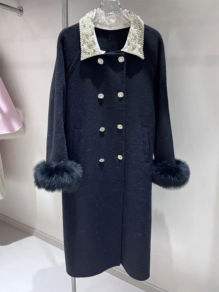 New Fashion Winter Women's Real Natural Fox Fur  Wool Coat Warm Jacket Fox Fur Cuffs Luxury Thick Female Coat