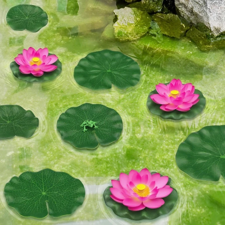 قطعة واحدة من زهور اللوتس الاصطناعية EVA مع وسادات الزنبق - نباتات بركة الرغوة العائمة لحوض السمك وحمام السباحة وديكور حديقة المياه