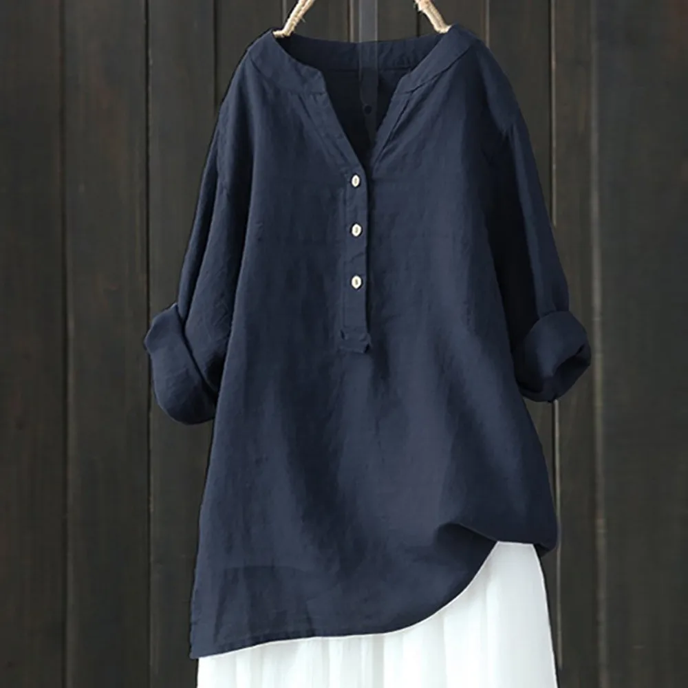 Casual Loose Cotton Linen Blouse Shirt Women Long Sleeved Oversize Blouse Vintage Loose Blusas Spring Stand-Up Collar Pullover ﻿