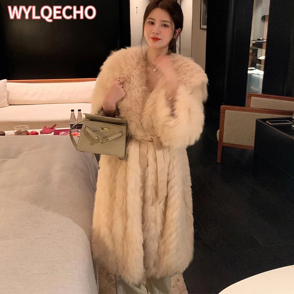 Winter Fox Fur Imitation Fur Coat Women\'s Korean Fashion Warm Navy Fur Collar Long Overcoat Large Size Leisure Pink Windbreaker