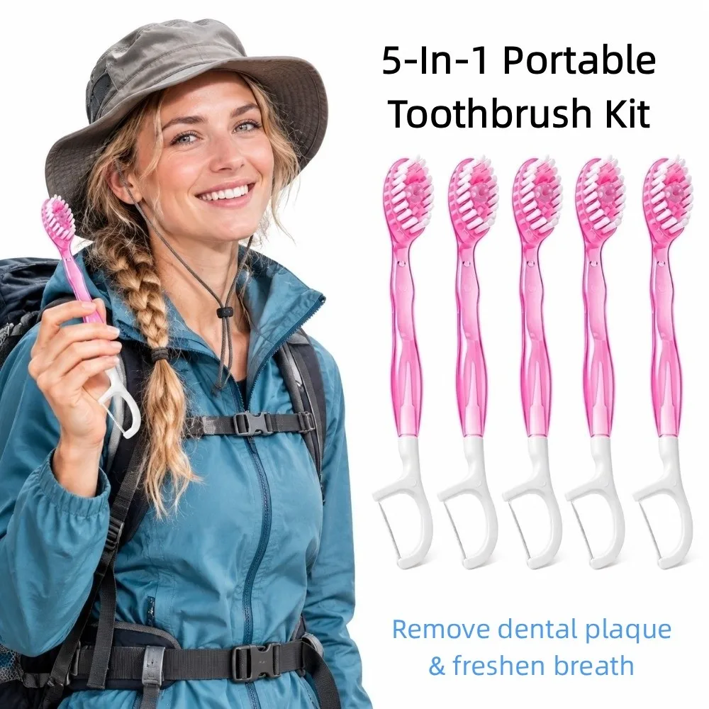 5pcs Mint-fresh Bursting Beads Travel Disposable Toothbrushes Dental Pick Floss Multi-functional Oral Care Set Tongue Scraper