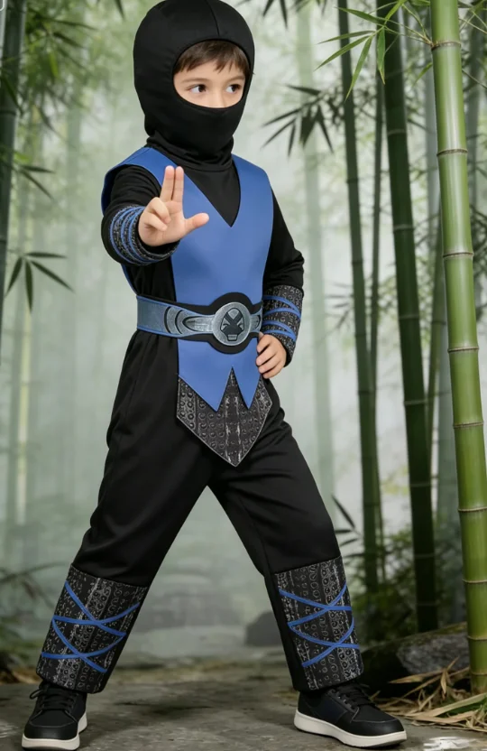 Conjunto de 5 Piezas para Niños: Camiseta de Manga Larga Negra y Azul, Chaleco, Pantalones Estampados, Cinturón y Sudadera con Capucha