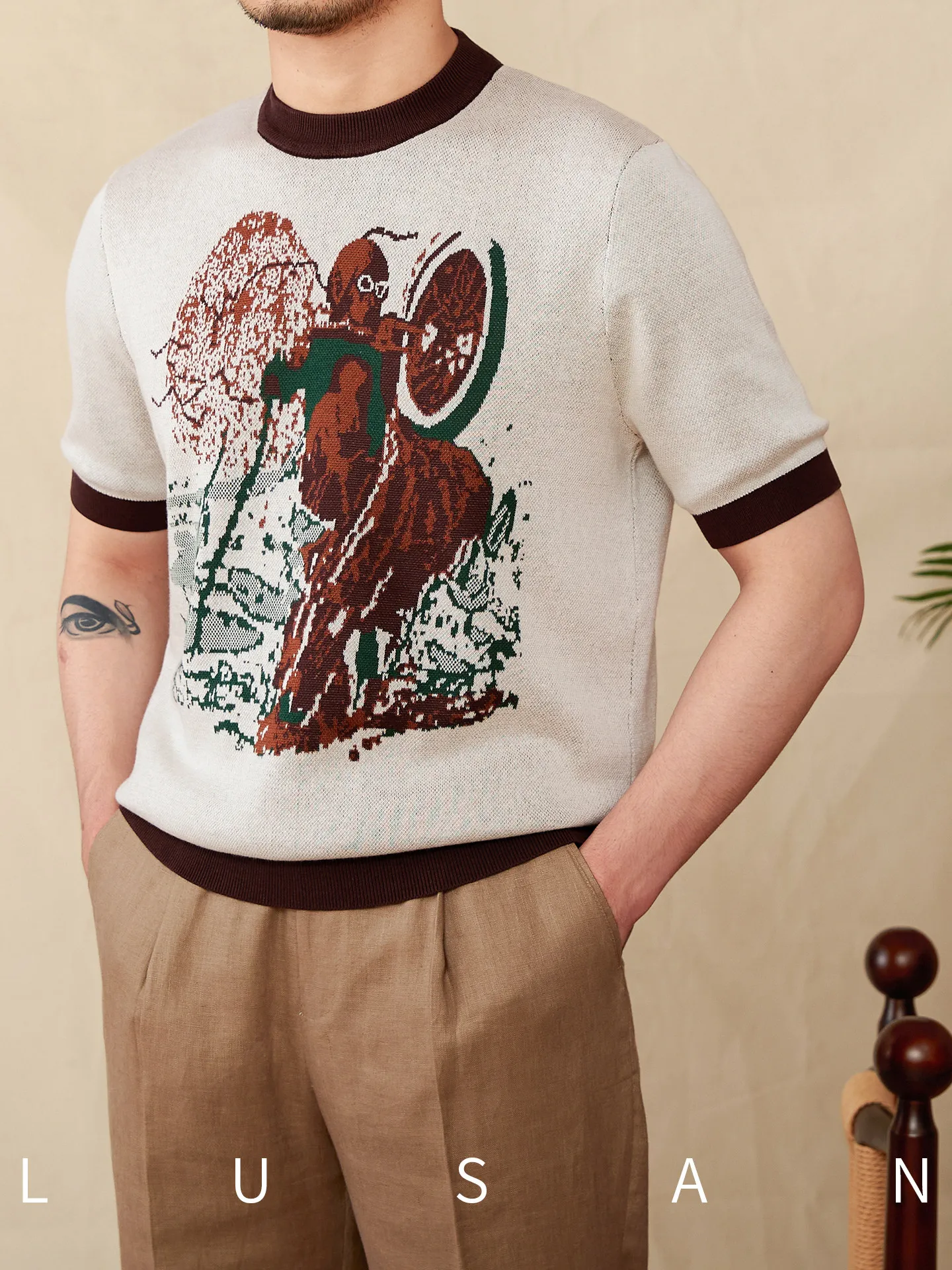 Summer Men Retro Biker Pattern Knit Short Sleeve T-Shirt Round Neck Contrast Color Casual Streetwear Tee for Daily Wear