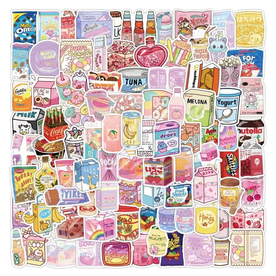 100 Pieces of Snack and Drink Stickers Ins Mobile Phone Case Decoration Small Patterns Personalized Water Cup Stickers