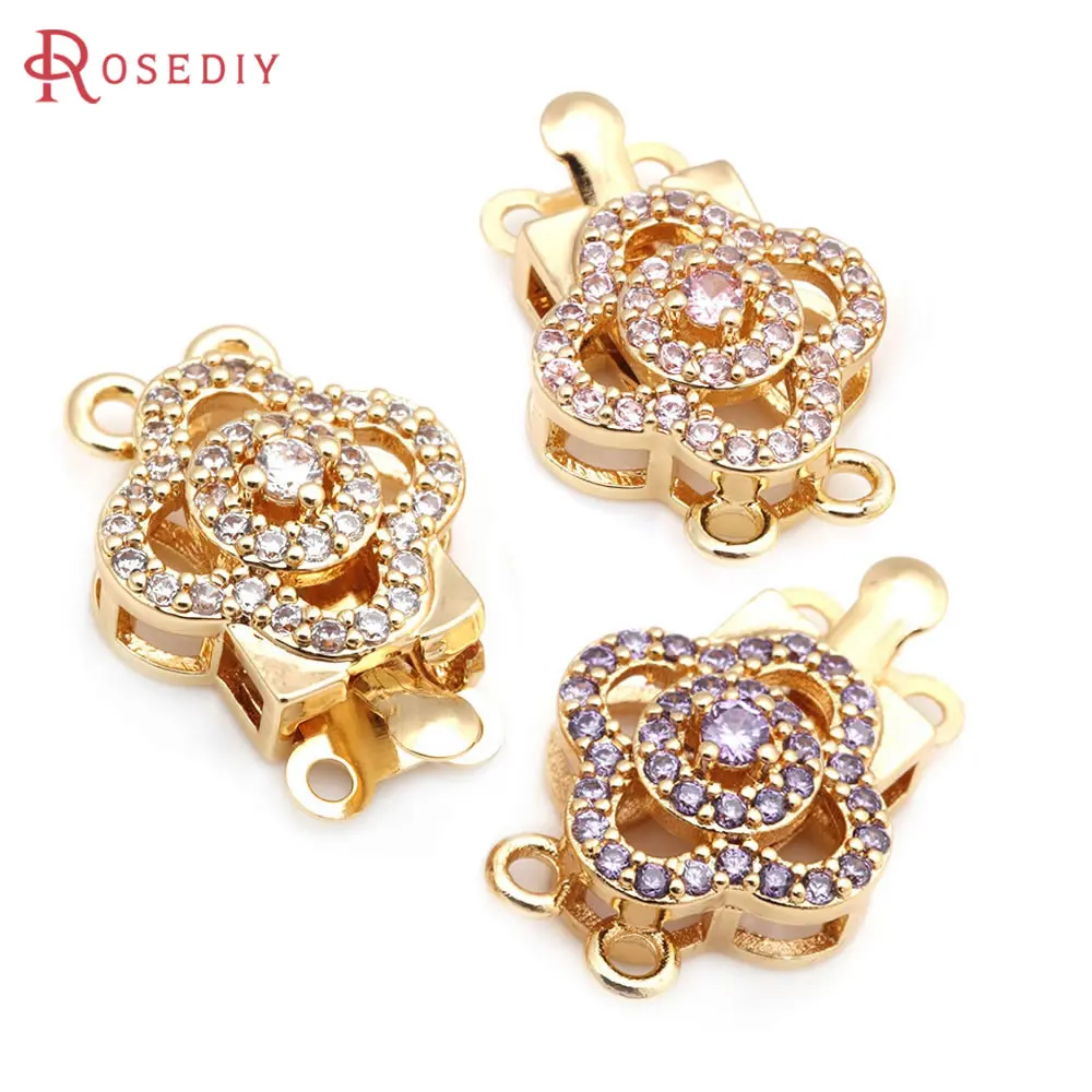 4 Sets 18K Gold Color Brass and Zircon Flower 2 Line Necklaces Connect Clasps Diy Jewelry Making Supplies Accessories for Women