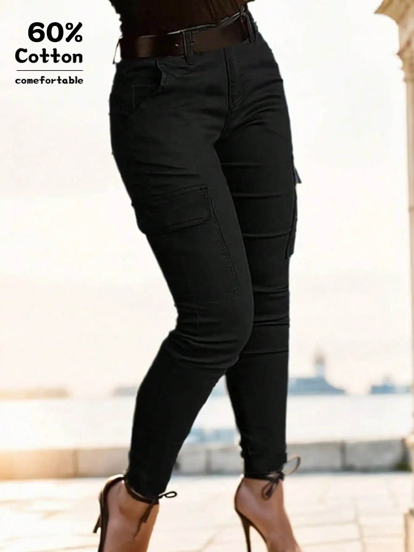 

Женские черные укороченные джинсы-карго с высокой талией, эластичные, облегающие, с боковыми карманами