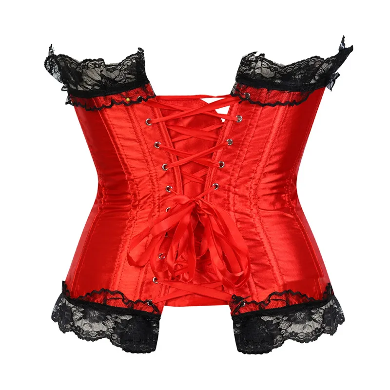 Sapubonva Pink Corset Top Bustier with Lace Up Trim Satin Overbust Costumes Ladies Shaper Victorian Floral Princess Red