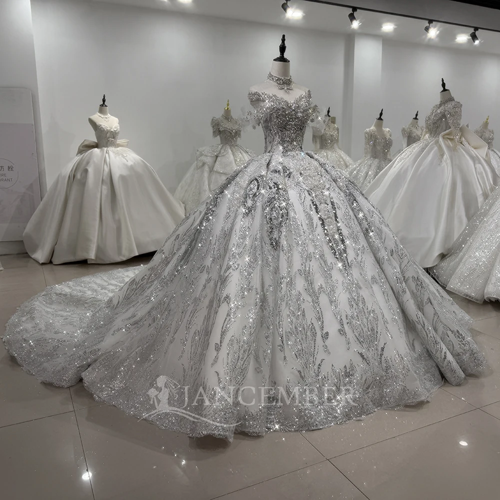 فستان زفاف أنيق برقبة دائرية وأكمام قابلة للانفصال فستان زفاف لؤلؤي فستان زفاف لامع مخصص فيستدوس دي نوفيا بودا