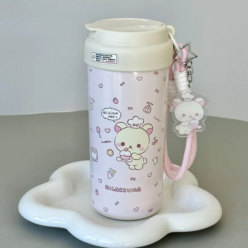 550ml Kawaii Rilakkuma Cartoon Print Thermos Cup Ice Cubes Sippy Water Cup Large Capacity Portable Lanyard Girls Birthday Gift