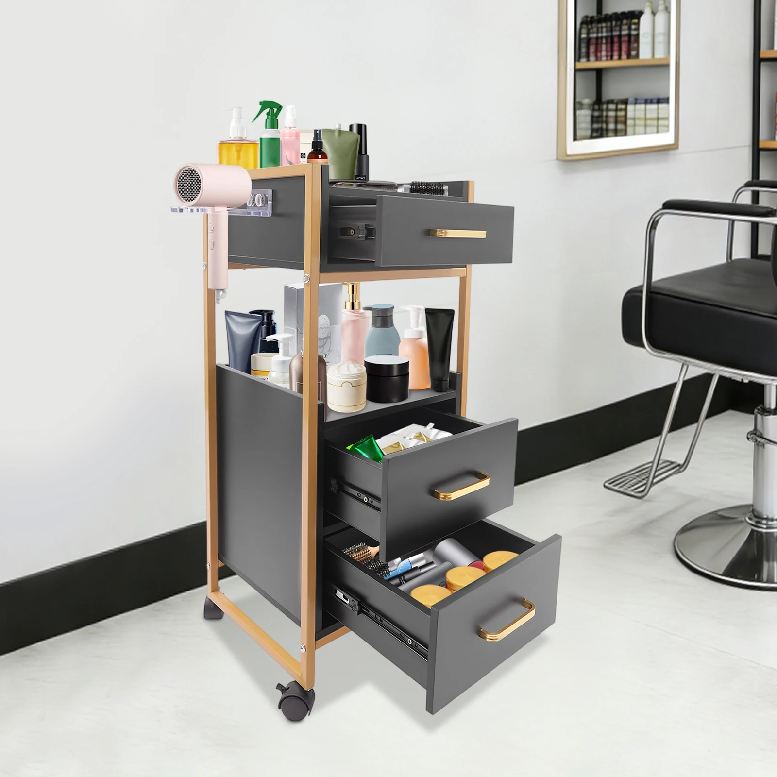 3 Drawers Salon Storage Cabinet, Salon Cart Barber Trolley,  Rolling Tool Organizer Sturdy Metal Wood Large Capacity for Barber Hairdresser Spa