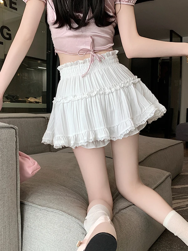 プラスサイズ女性用ホワイトレーストリムハイウエストパフスカート春夏新作スイートケーキスカート（全体型対応）