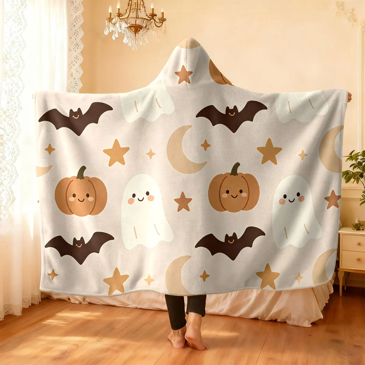 1pc Halloween ghost pumpkin bat star moon print hooded blanket flannel hoodie wearing cape blanket soft comfortable  washed