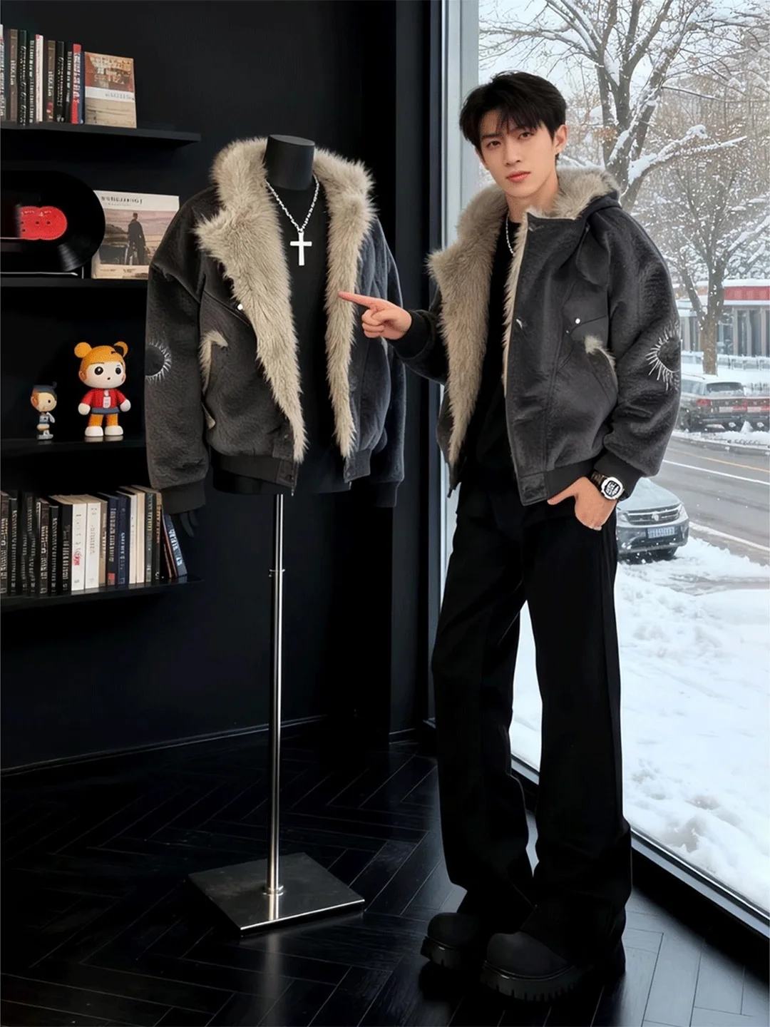 

Bla Fce Lined Thiened Straight Leg Men's Jeans Winter High Waist American High Street Wide Leg Pants Casual Wear