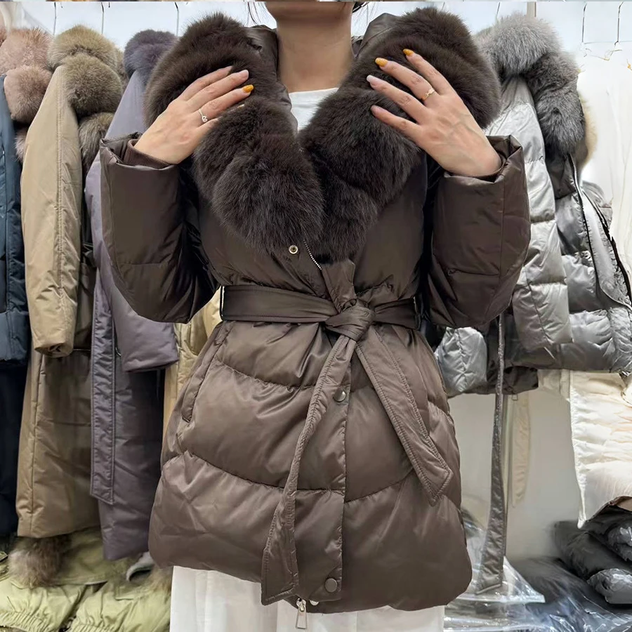 Jaqueta de pele real mulher inverno quente casacos com gola de pele de raposa natural luxo longo cinto solto puffer parka