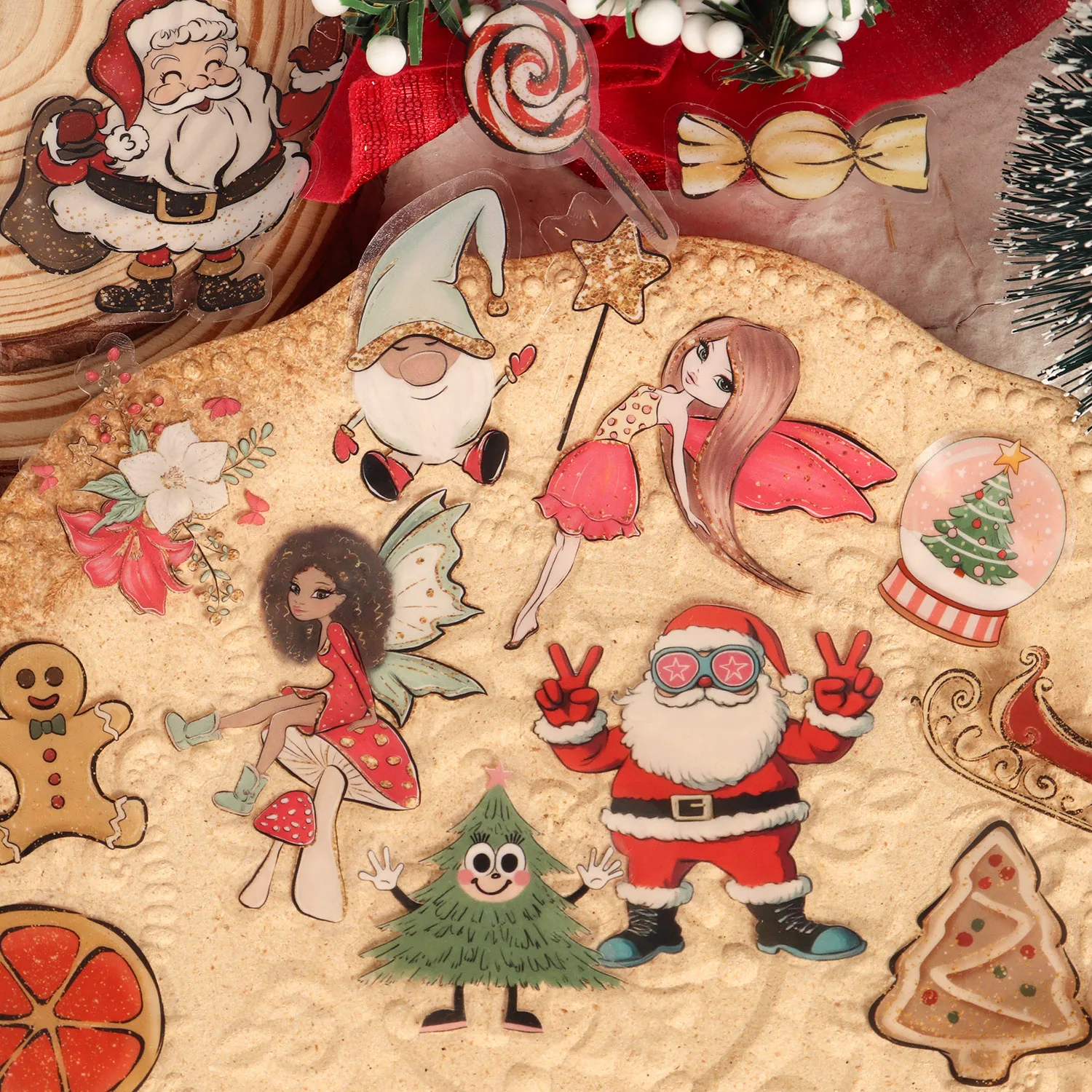 64 Stück Kunstdruckpapier und PET-Weihnachtsfee, transparenter selbstklebender Aufkleber, für Weihnachtsdekoration, Scrapbooking-Zubehör – Detail 1