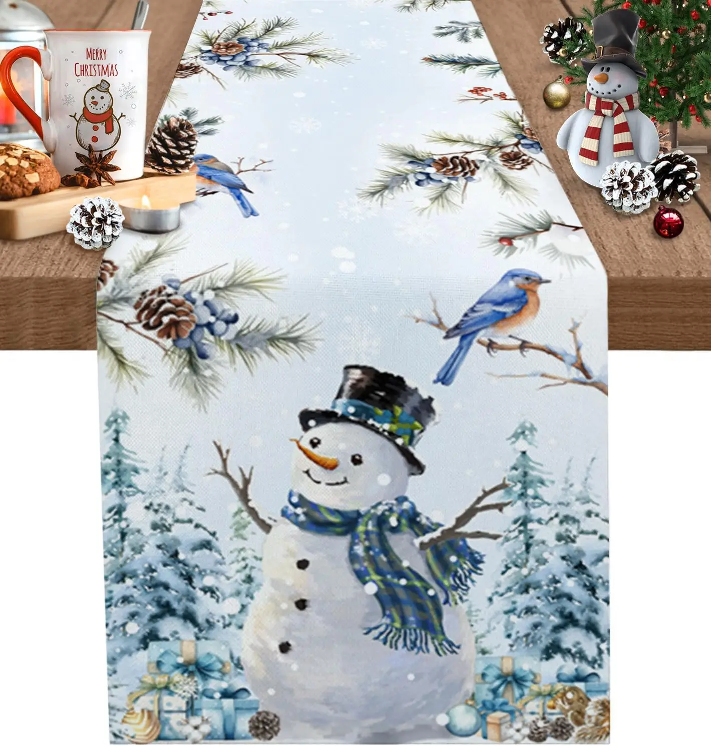 Christmas Snowman Bird Xmas Tree Snowflake Linen Table Runner Dresser Scarf for Winter Xmas Party Decor Navidad Decorations 2025