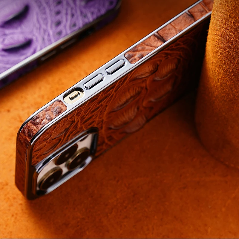 Genuine Leather Crocodile Pattern Electroplated Frame Phone Case For iPhone 12 13 14 15 Pro Max Luxury Leather Shockproof Covers