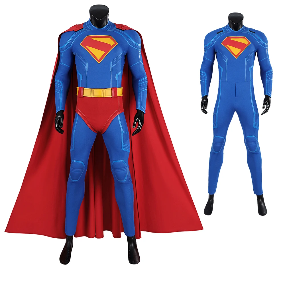 

High Quality Clark Kent Cosplay Costume Man Superhero Zentai Blue Bodysuit Party Outfit Jumpsuit Carnival Halloween Cloak