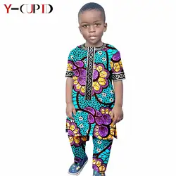 African Clothes for Kids Boys Outfits Dashiki Casual Cotton Ankara Print Top and Pant Sets Bazin Riche Children Outwear Y214001