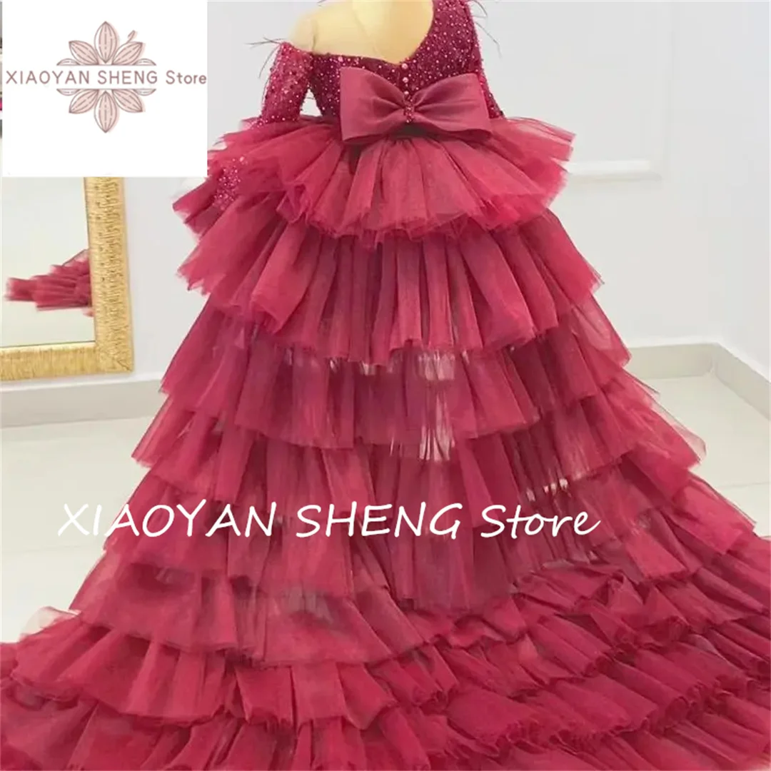 Blumen mädchen Kleider für Hochzeiten Party Geburtstag Prinzessin Feder Tüll Festzug Kleid formelle Ballkleider mit langen Zug