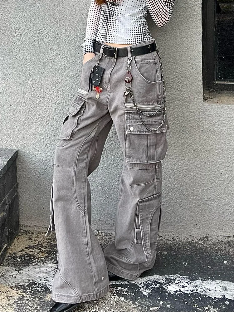 

Retro American Heavy Du Multi ket Bombell Workwear Pants Women's Spicy Girl High Street Design Long Dragging Jeans