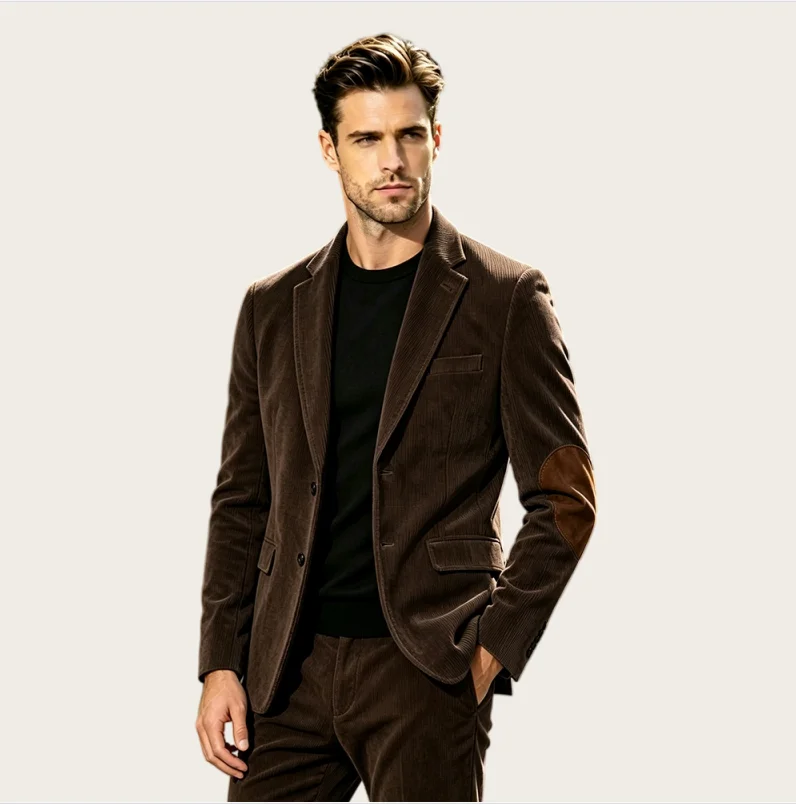 Corduroy Men's Suits Notched Lapel Long-Sleeved Tuxedos Slim Fit Patchwork Casual Outerwear Vintage Business Jacket Pants Blazer