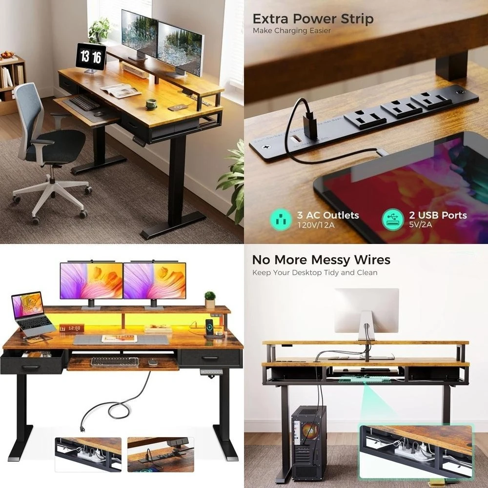 

Электрический регулируемый стол 55 дюймов с ящиками, выдвижной полкой для клавиатуры, розетками и светодиодной подсветкой – цвет «Рустик-коричневый» для дома/офиса