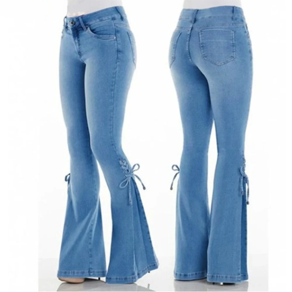 Jeans Women Washed Flare Pants Denim Mid Waist Slim Fit Pockets Button Lace Up Vintage Trousers Solid Full Length Casual Denims