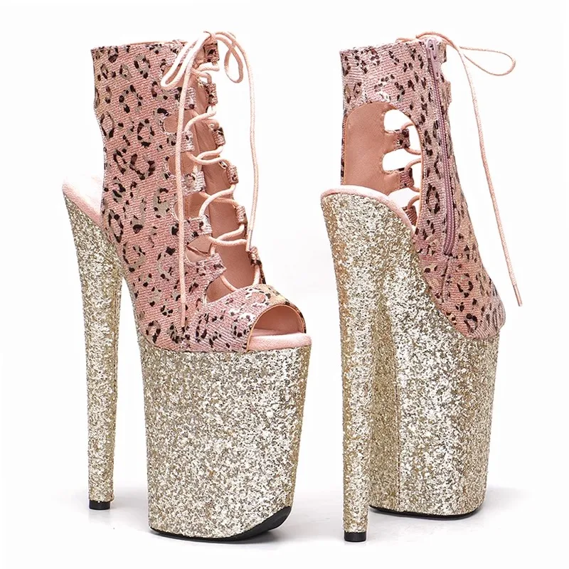 New 23CM/9inches Leopard Upper With glitter platform open toe Pole dance shoes High Heels Pole Dance boot