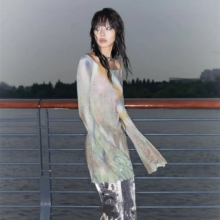 Trashy Y2k Tie-dye Mesh Tops Grunge Aesthetics Flare Sleeve Sheer  Vintage Harajuku Oversized T-shirt See Through